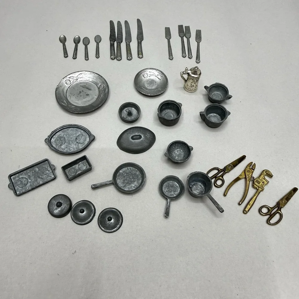 Vintage dollhouse lot miniature cooking pans pots‎ flatware metal tools kitchen